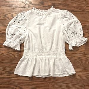 Embroidered Lace Puff Sleeve Blouse White Smocked Waist Peplum Top